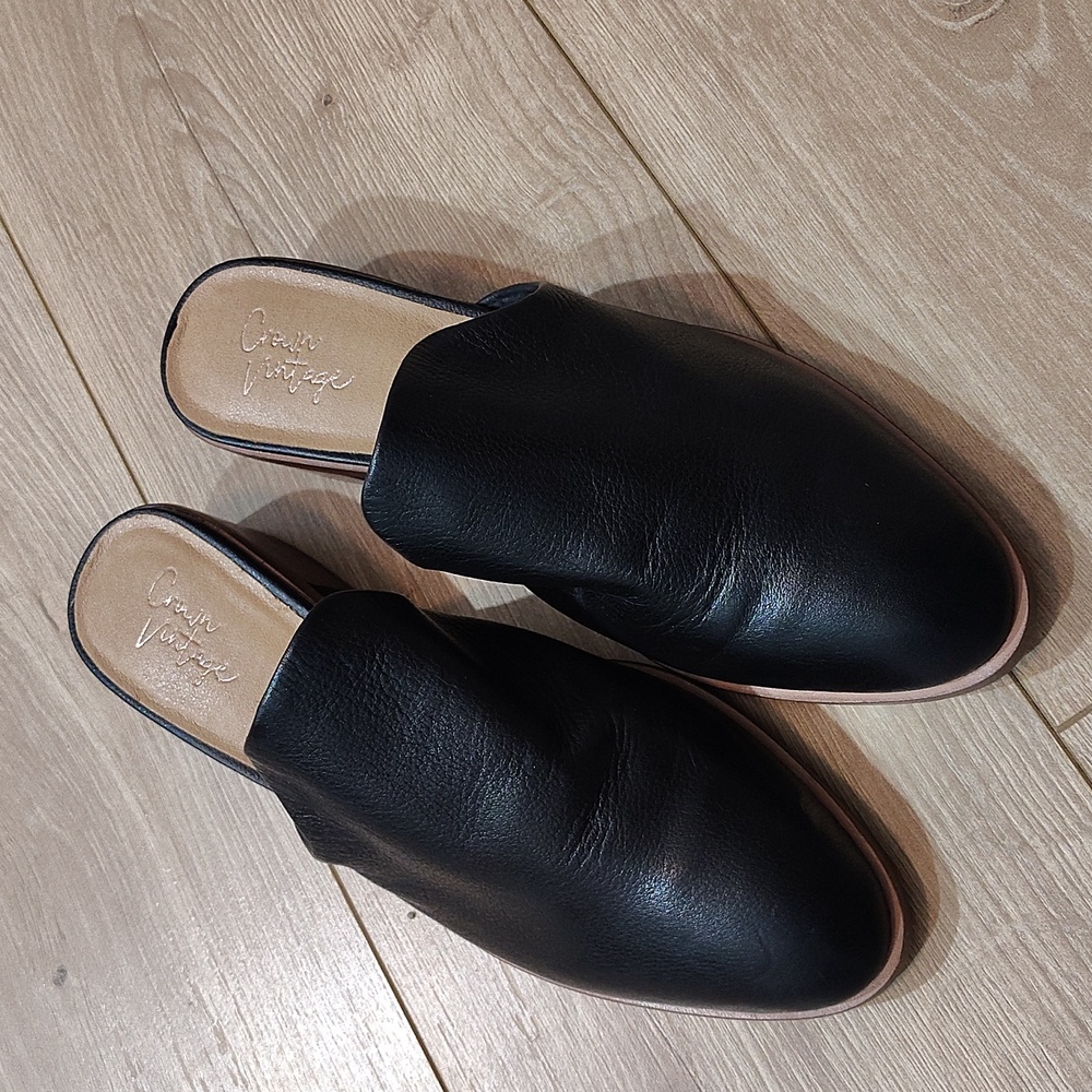 Black Leather Slip-On Mules,  Crown Vintage Rydel Black Leather Slip on Low Heel - Picture 3 of 12